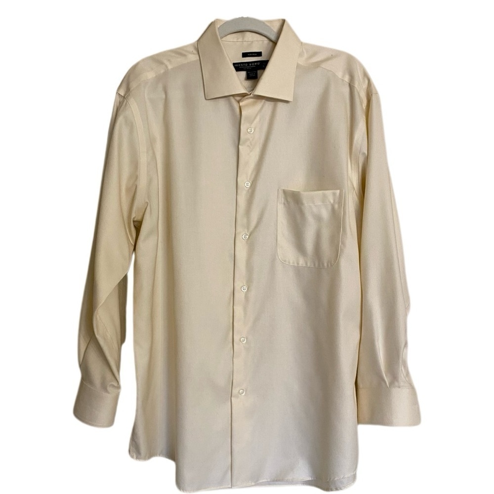 Pronto Uomo Dress Shirt Size 17 1/2 Maze Yellow Non Iron Long Sleeve Business
